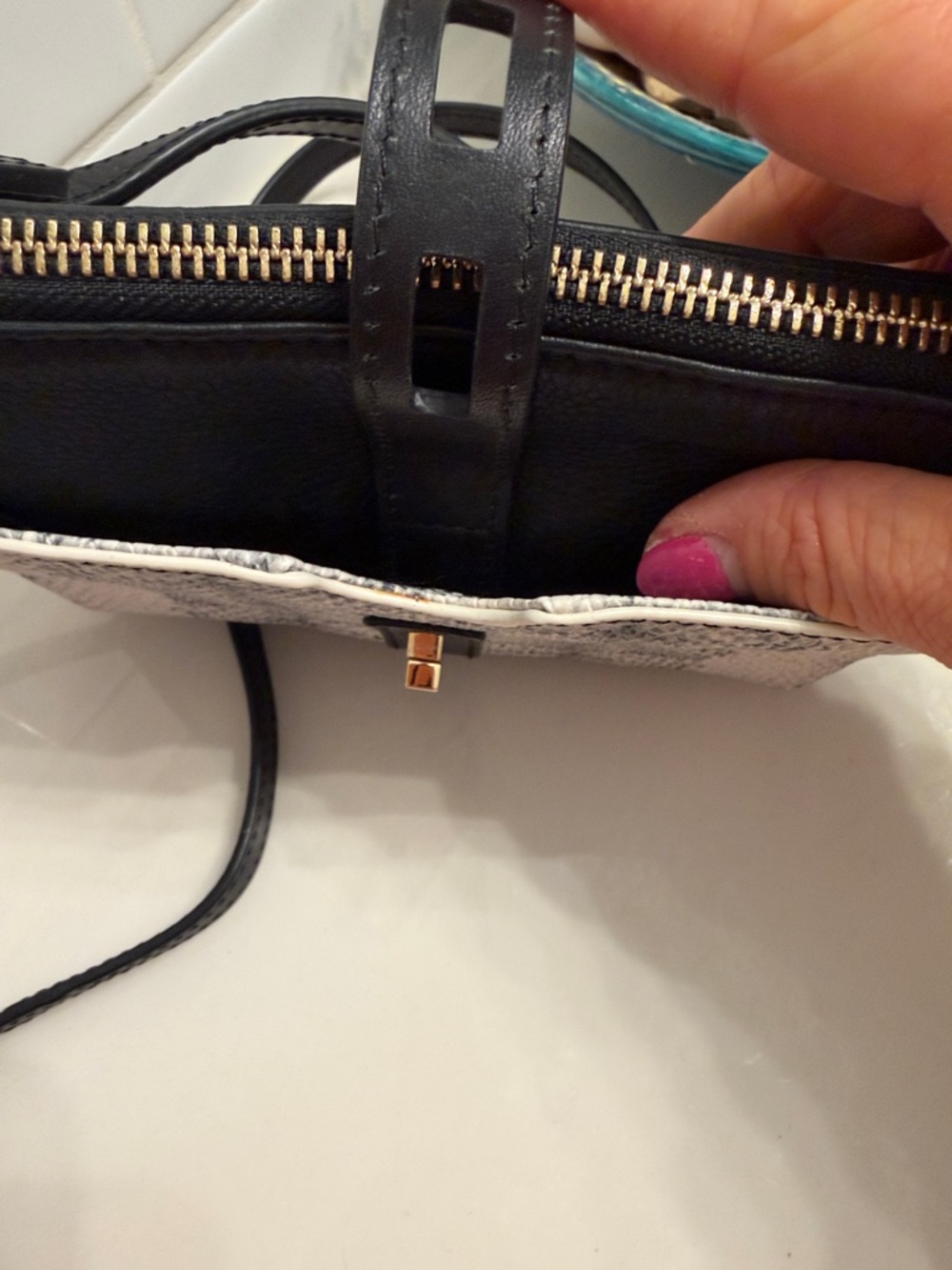 Vince Camuto Black Leather Crossbody with White Snakeskin-Print Panel - Picture 5 of 10